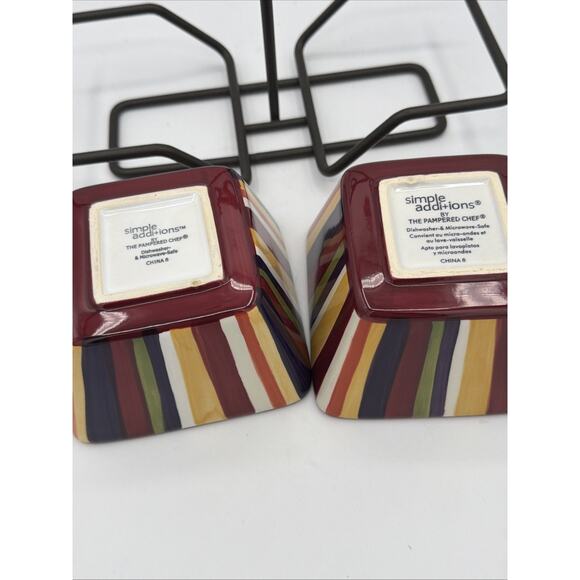 Pampered Chef Simple Additions Striped Square Condiment Bowls & Metal Caddy 1944 - Picture 5 of 7